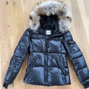 SAM. Perfect Condition Girls Size 12 Shiny Black Jacket with Faux Fur Hood